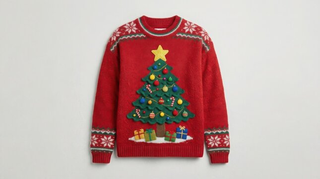 Red Christmas sweater with tree pattern. Festive holiday knitwear isolated on white background.