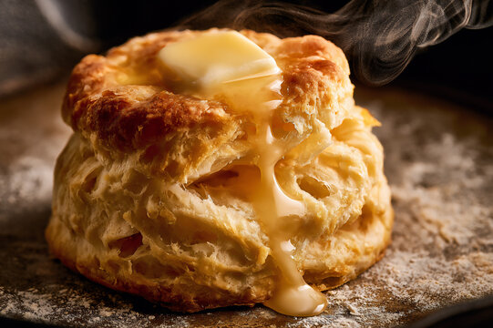 tall, split-open Southern buttermilk biscuit dripping with melted butter