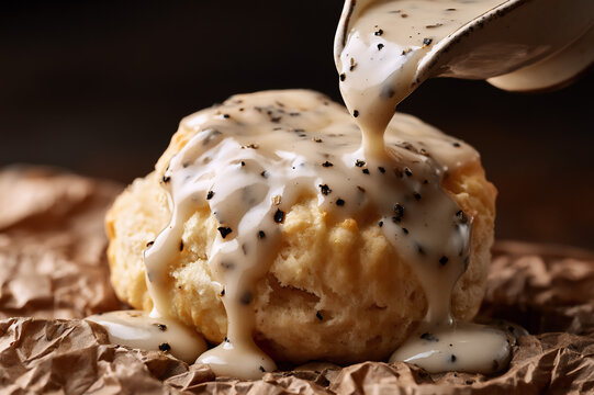 pepper gravy being poured over a warm split biscuit