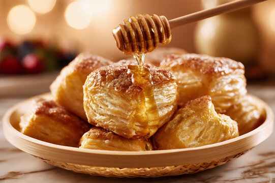 elegant basket with perfectly square cut sweet cream biscuits and honey drizzle