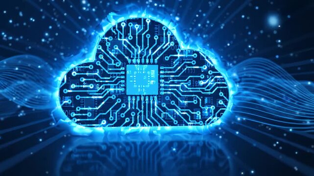 Futuristic Cloud Computing with Glowing Circuit Board and Digital Waves