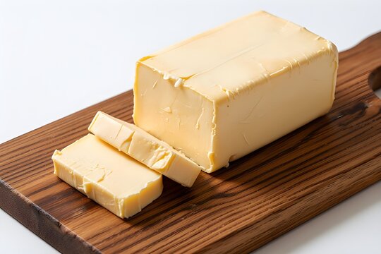 Wooden board with cut block of butter on white background
