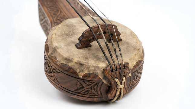 Detailed close-up of a traditional Moroccan Rebab instrument isolated on a clean white background.