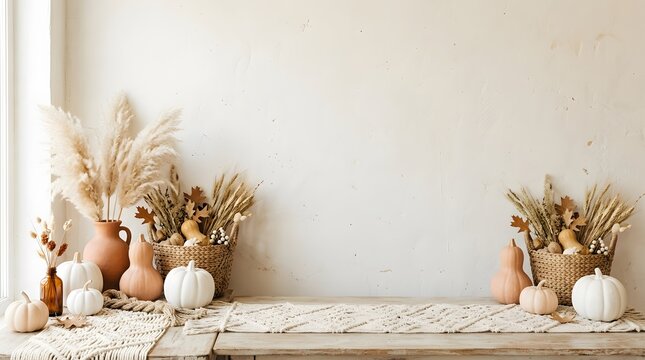 A festive happy halloween background featuring white pumpkins and dried floral arrangements on a rustic wooden table against a clean neutral wall backdrop