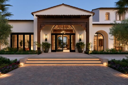 Luxury Mediterranean villa entrance with warm evening lighting