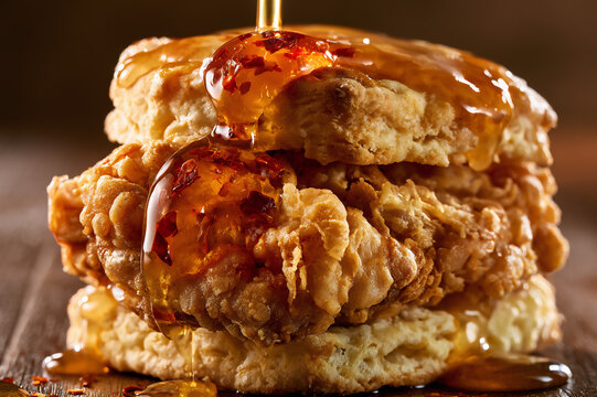 Close up of a golden square-cut biscuit topped with a fried chicken patty and dripping hot honey