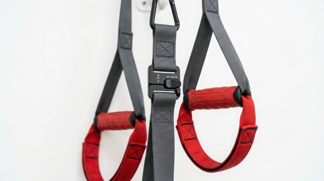 Suspension training straps hanging on wall. Professional fitness equipment for bodyweight workout.