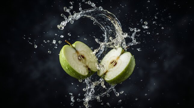 Two green apple halves are suspended in the air, creating a swirling water splash.