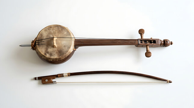 Top view of a traditional Moroccan Rebab and its bow isolated on a clean white surface. 