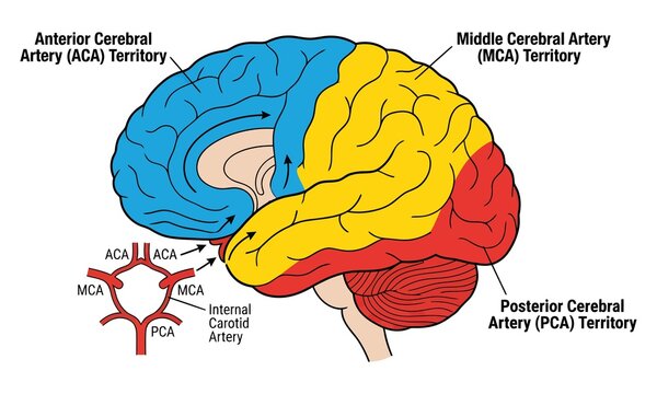 Brain arterial territories diagram with aca, mca, pca zones Vector