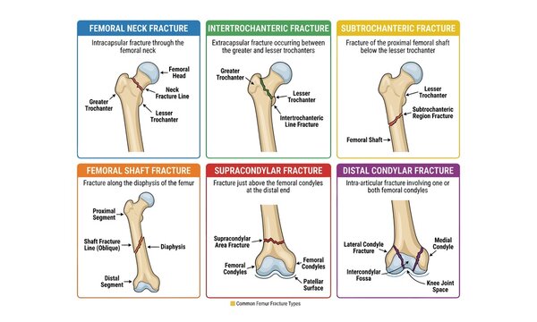 Diagram of femur bone fracture types and locations Vector