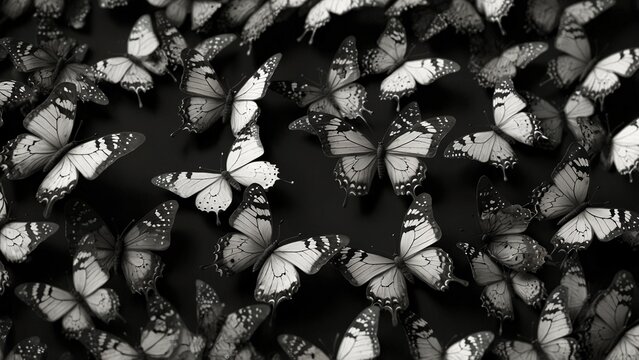 Black and white butterflies wallpaper, digital art illustration - Generative AI