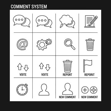 Comment System Icons Set: Speech Bubbles, Settings, Search, Trash, Vote, Report, Clock