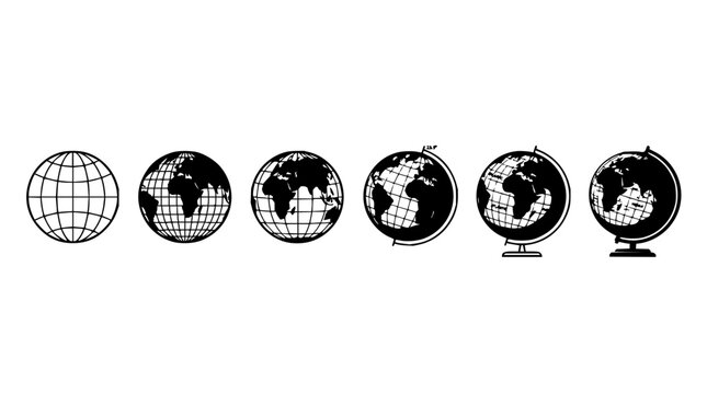 Globe icons set with diverse designs featuring vintage, minimalist, and isometric styles with colorful and monochrome variations