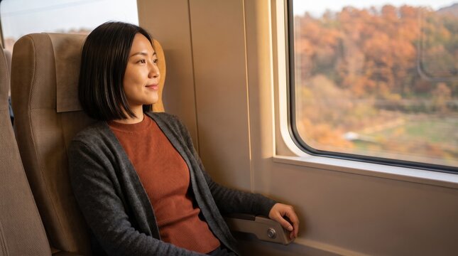 Young East Asian woman relaxes beside a wide train window as amber woodland passes in soft motion, capturing a peaceful autumn commute within a refined energy conscious high speed rail interior