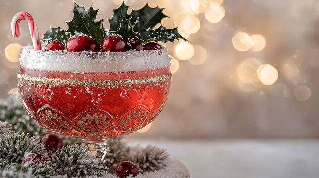 A festive red Christmas drink served in an ornate vintage glass, rimmed with frost, garnished with holly, cranberries and a candy cane, set against warm blurred golden bokeh background.


