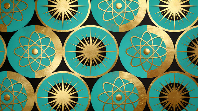 Atomic age wallpaper pattern with starburst and orbit motifs in turquoise and gold