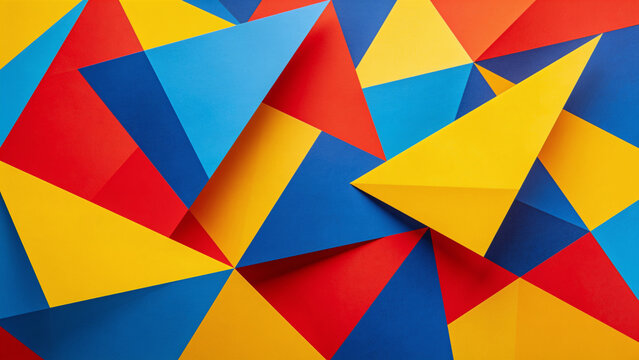 Bold geometric abstract composition with overlapping triangles in bright primary colors