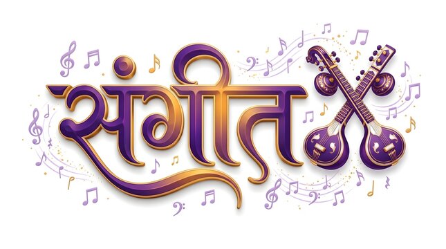 Hindi calligraphy sangeet or music, marathi text for musical art with tanpura instruments.