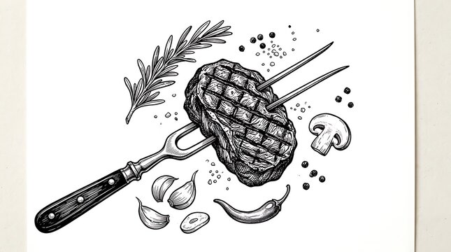 Grilled steak on a meat fork. Hand drawn illustration of beef with herbs and spices.