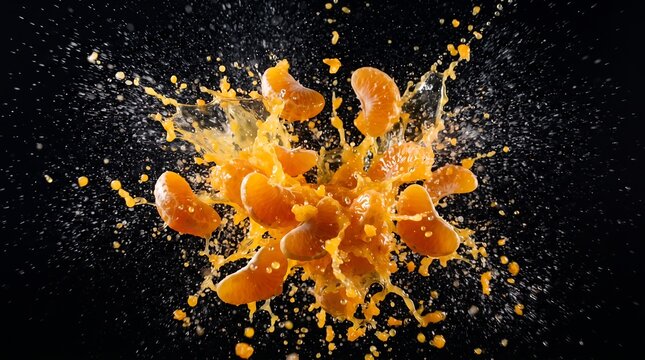 An explosion of tangerine segments and juice erupts against a dark, dramatic backdrop.