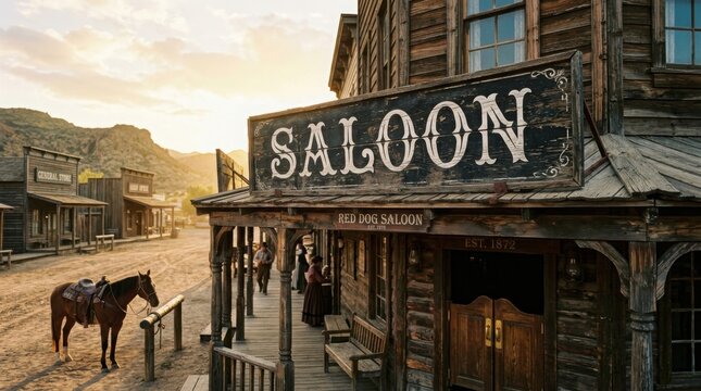 Old West saloon sign at sunset with horse. Vintage wooden tavern facade in historic frontier town setting.
