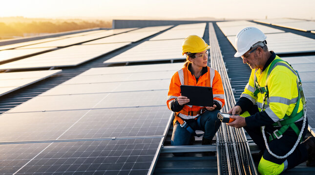 Solar Energy Innovation: Two technicians, wearing safety vests and hard hats, collaborate on a rooftop installation of a large solar panel array, inspecting equipment as the sun sets.