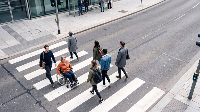 Pedestrians Crossing Urban Street: A diverse group of people, including a person in a wheelchair, navigate a busy city street at a crosswalk, showcasing urban life and accessibility.