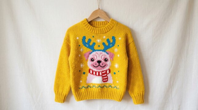 Yellow Christmas sweater with reindeer pug. Festive knitted jumper for winter holidays.