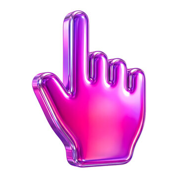 Chrome pink purple pointer hand cursor icon with glossy metallic finish, click gesture symbol, futuristic web design and UI interaction concept