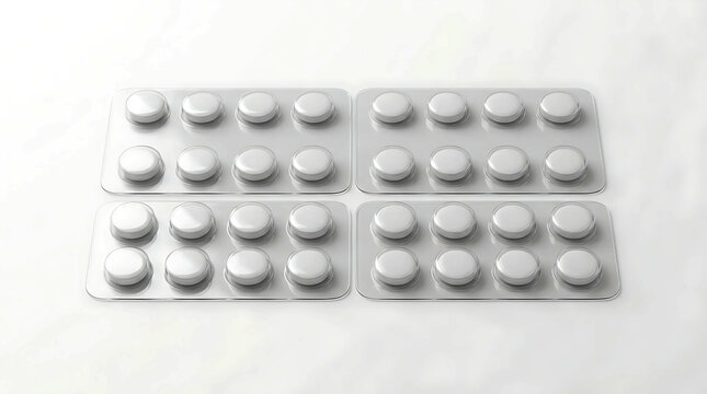 Four blister packs with white round medicine pills arranged on a light surface for health