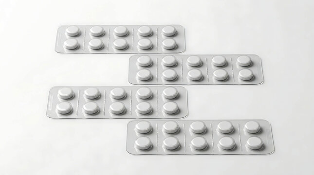 Four blister packs with white round medicine pills arranged on a clean flat surface area