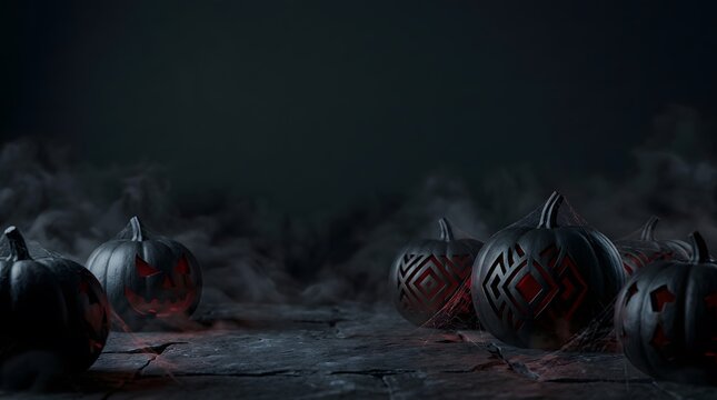A dark and moody scene featuring carved pumpkins in a misty landscape to celebrate a spooky and atmospheric happy halloween holiday festive season