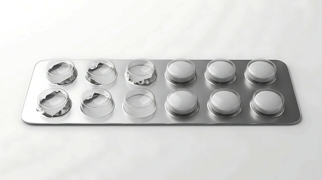 A silver blister pack with six white medical pills remaining and four empty slots on a table