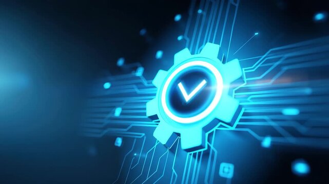Glowing Gear Digital Circuit Blue Light Check Mark Technology Symbol on Abstract Futuristic Network Interface with Data Flow and Cybersecurity Automation Background