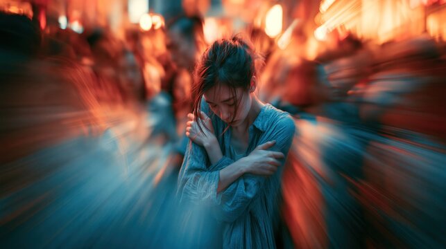 A young woman standing perfectly still and in sharp focus in the middle of a busy crowded street, hugging her own arms tightly across her chest, head bowed down