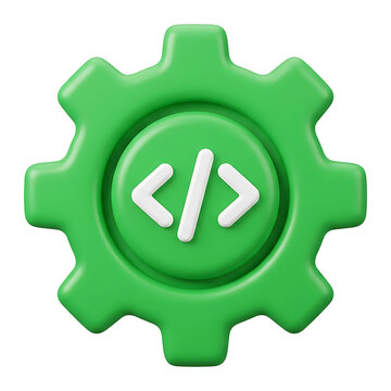 Green 3D gear icon with white code brackets symbol in center, software development settings concept, coding and technology theme