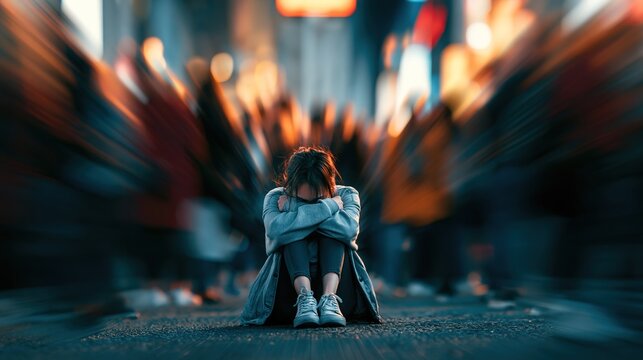 A young woman standing perfectly still and in sharp focus in the middle of a busy crowded street, sitting on the ground with knees pulled up and face hidden between arms