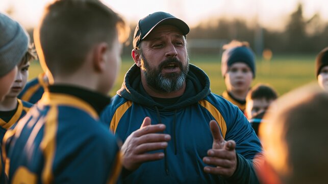 Medium wide shot of a parent volunteer coach giving instructions to a youth sports team, engaged community service, warm field light, documentary volunteer coaching photography 