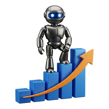 Metallic robot walking up ascending blue bar chart with orange upward arrow, artificial intelligence business growth, technology progress concept