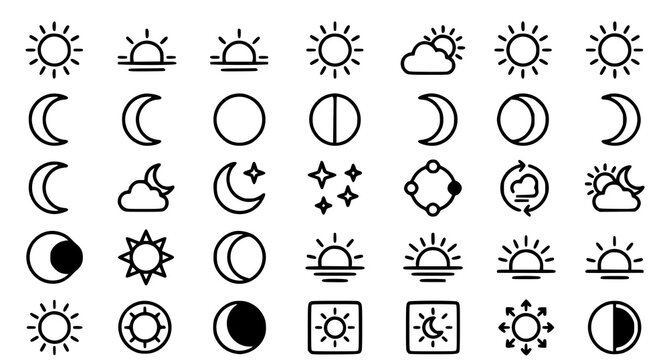 Set of hand drawn weather and space icons featuring sun moon phases and celestial elements in doodle style