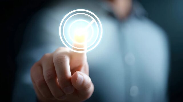 Finger touch glowing light target abstract interface blurred hand technology control concept for digital approval and virtual button interaction in futuristic user experience