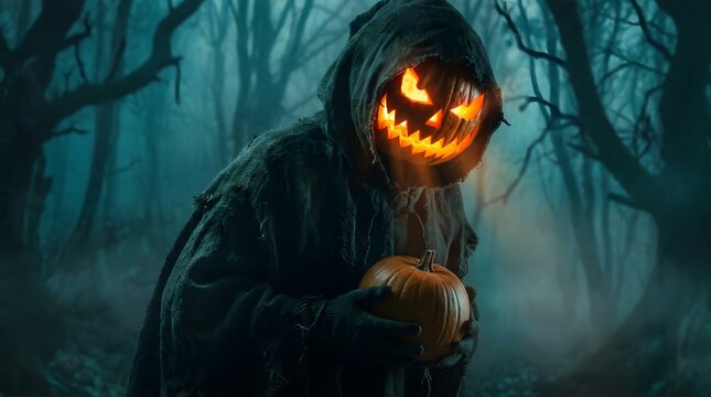 Scary hooded figure with a glowing jack o lantern head in a dark misty forest for happy halloween