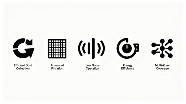 The simple black vacuum function linear icon represents the dust removal, silent, energy-saving, and multi zone performance, suitable for displaying commercial dust removal equipment product posters.
