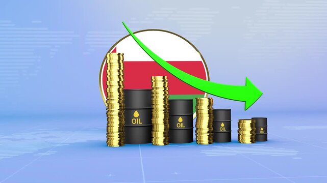 Oman Oil Prices Decline with Oil Barrels, Gold Coins and Downward Green Arrow, 3D Economic and Financial Market Concept