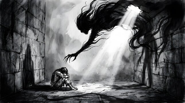A dark and spooky illustration of a haunting shadow creature in a dungeon for a happy halloween theme