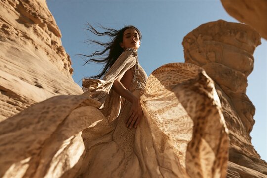 Elegant Woman in Flowing Couture Dress Among Desert Sandstone Formations