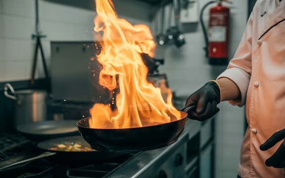 Chef holding pan with large flames in commercial kitchen symbolizing professional culinary technique