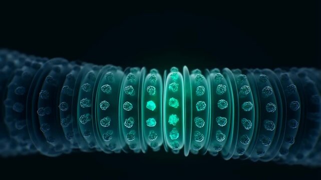 A single green photon of light hits an opsin molecule inside a densely packed cone photoreceptor, causing an instant conformational shift. Photon absorption vision concept