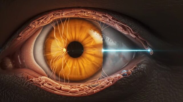 The ciliary muscle contracting and zonular fibres slackening as the crystalline lens rounds for near-vision focus. Eye accommodation mechanism